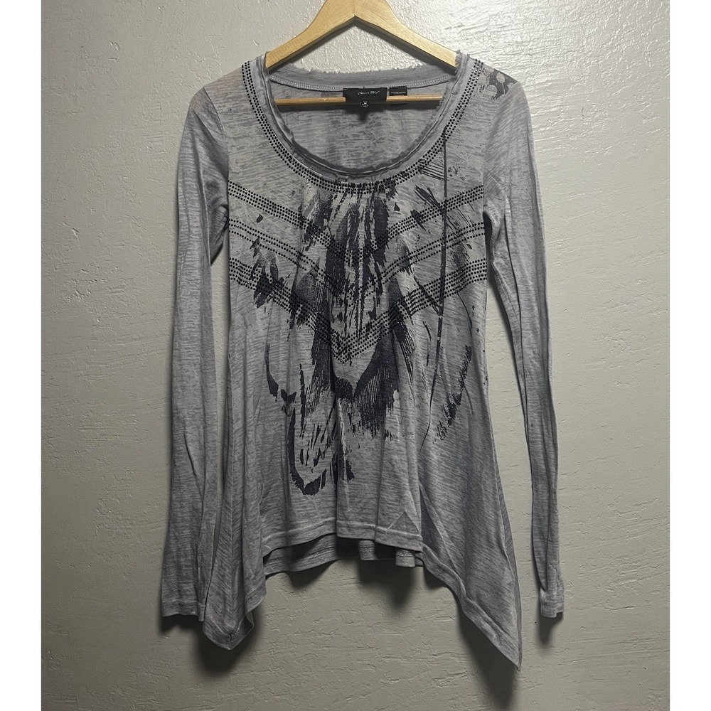 MISS Me Top Women Grey Grunge Fairy Long Sleeve Top Scoop Neck Rhinestones Med